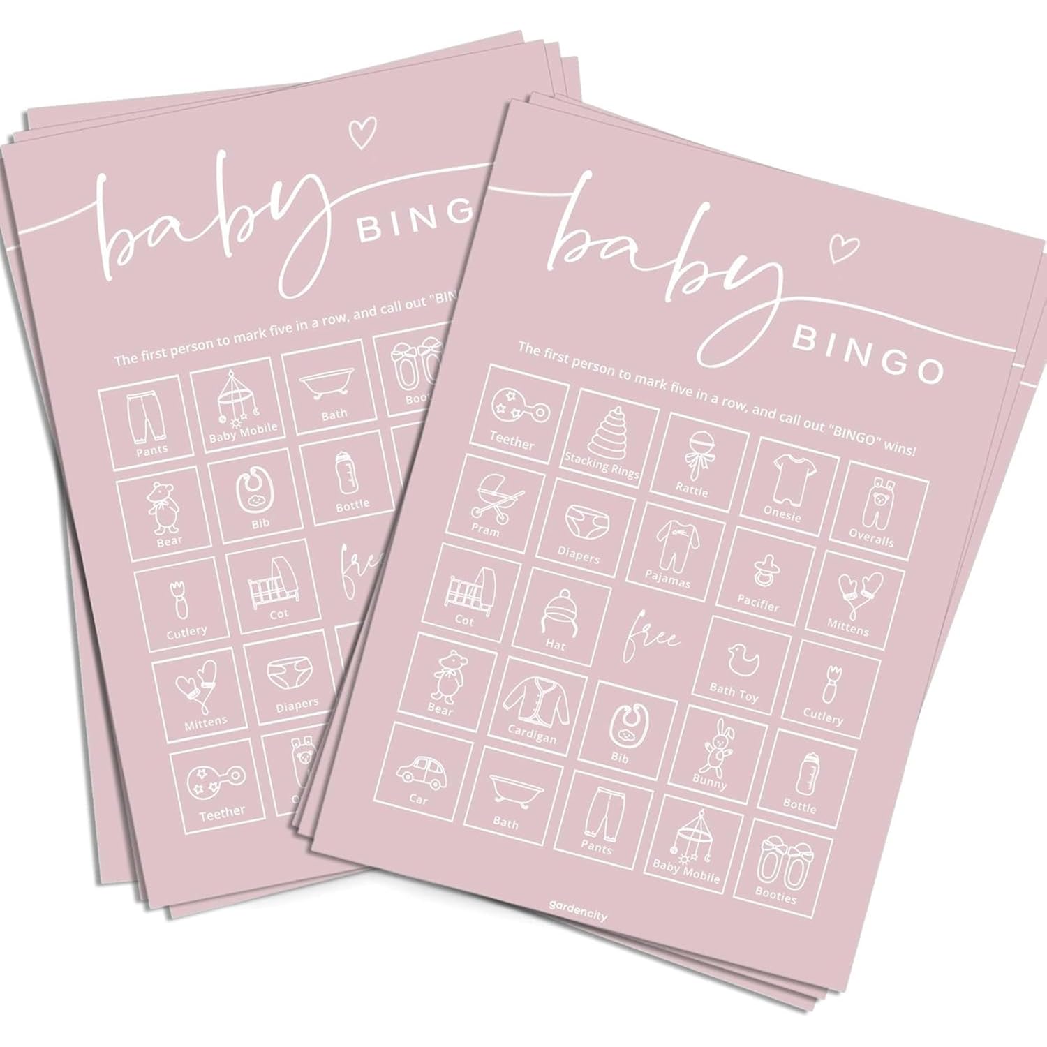 Baby Shower Bingo Game For Girl (50 Unique Cards), Pre-Filled Fun Baby Shower Game Activity, Perforated Calling Cards, Gender Neutral, Pink