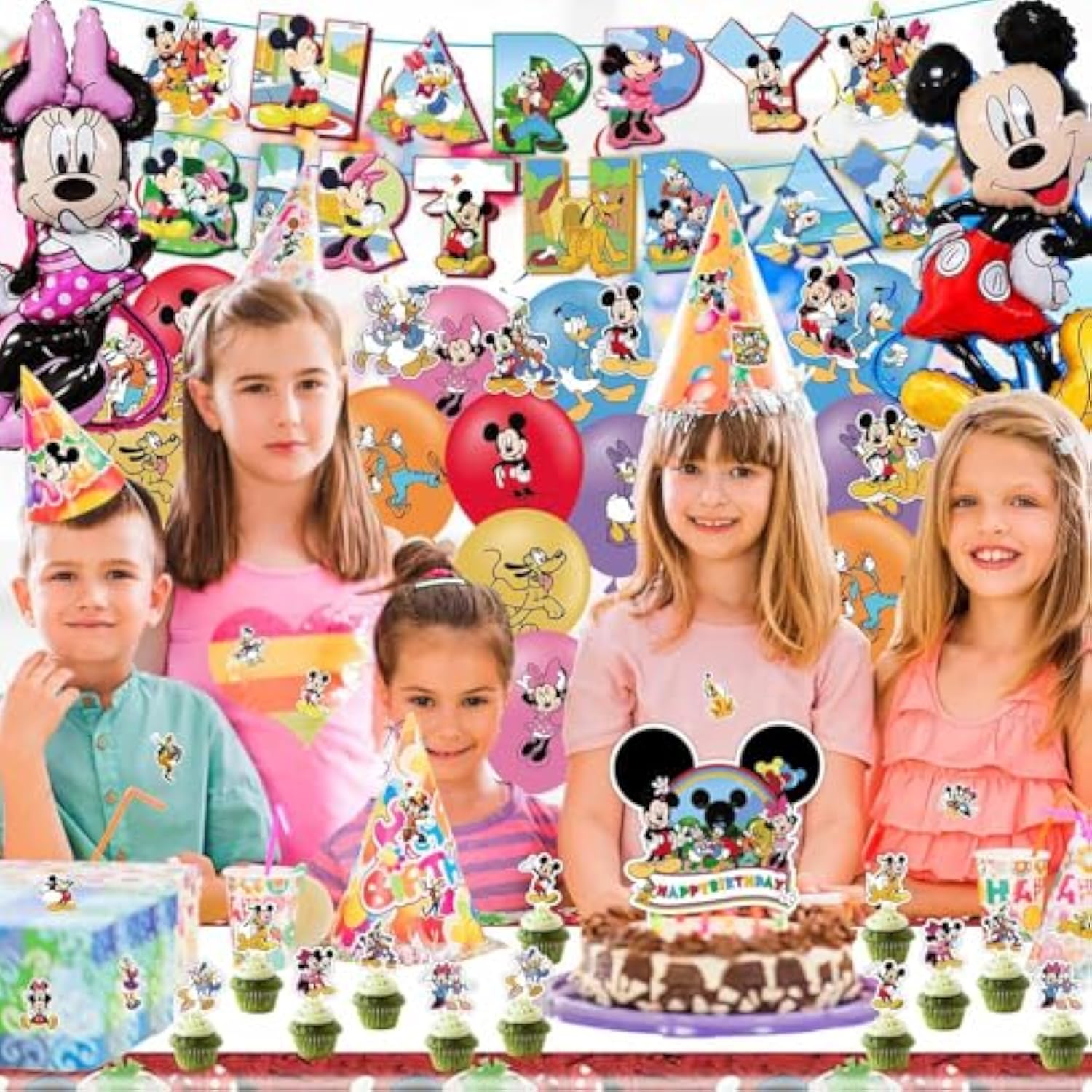 Cartoon Party Supplies, Cute Mouse Birthday Party Decorations Include Happy Birthday Banner, Balloons, Hanging Swirls, Stickers, Cake Toppers, Tablecloth