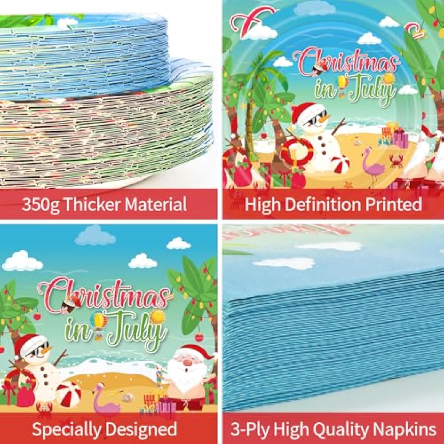 150Pcs Christmas In July Plates And Napkins - Merry Christmas Dinner Dessert Paper Plates Napkins Tableware Set For Hawaiian Beach Summer Xmas Decorations Party Supplies Tables Decor Favors,Serves 50