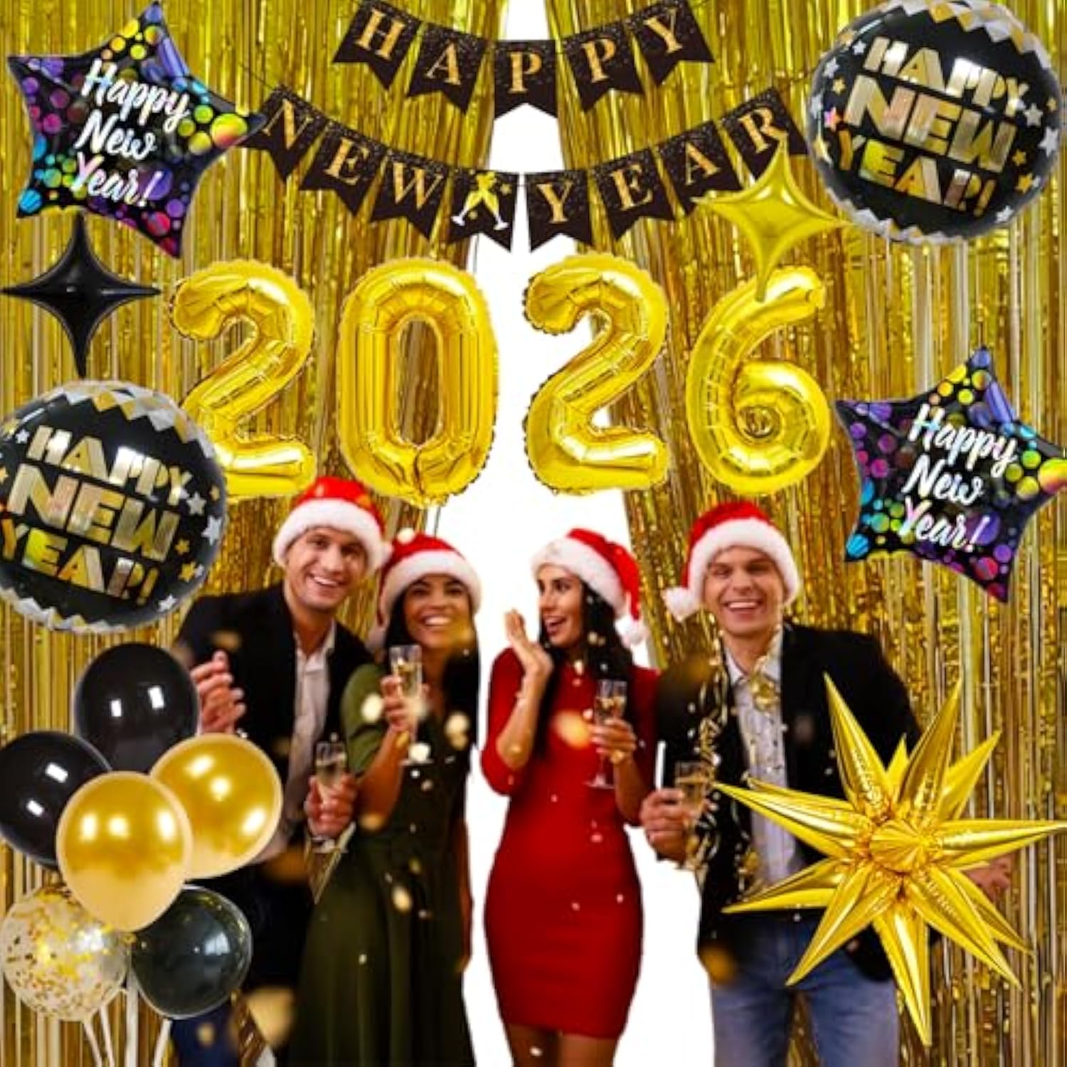New Year 2026 Party Kit with Balloons, Banner, Foil Balloons, and Fringe Curtain