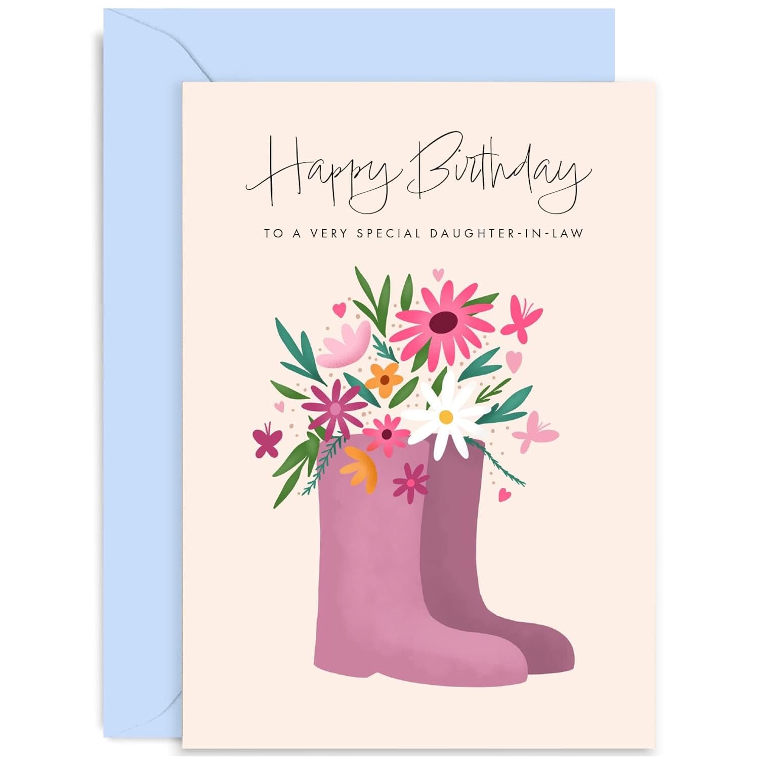 Old English Co. Cute Happy Birthday Card For Daughter-In-Law - Floral Welly Birthday Card From Mother-In-Law Father-In-Law - Butterfly Flower Heart Card For Daughter | Blank Inside With Envelope