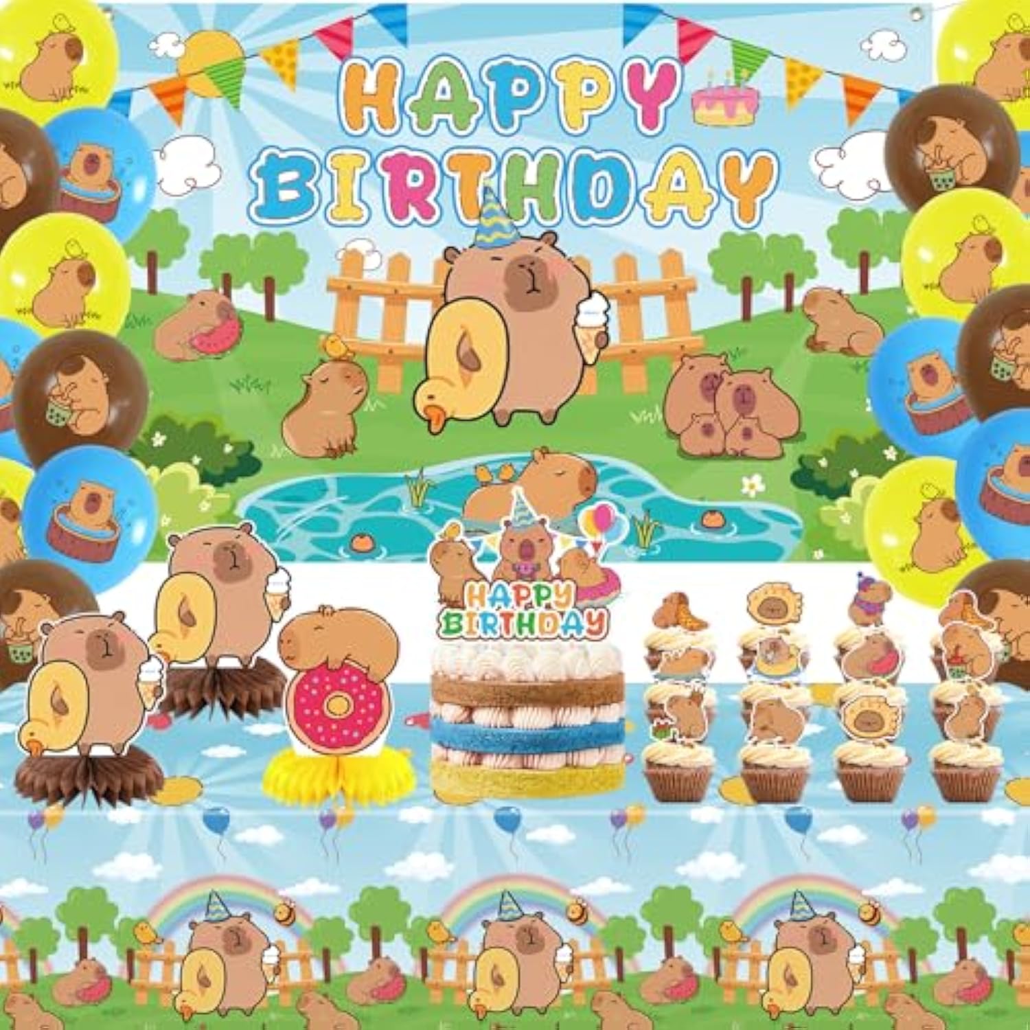 Capybara Birthday Party Set with Backdrop, Balloons, Cake Toppers & Centerpieces