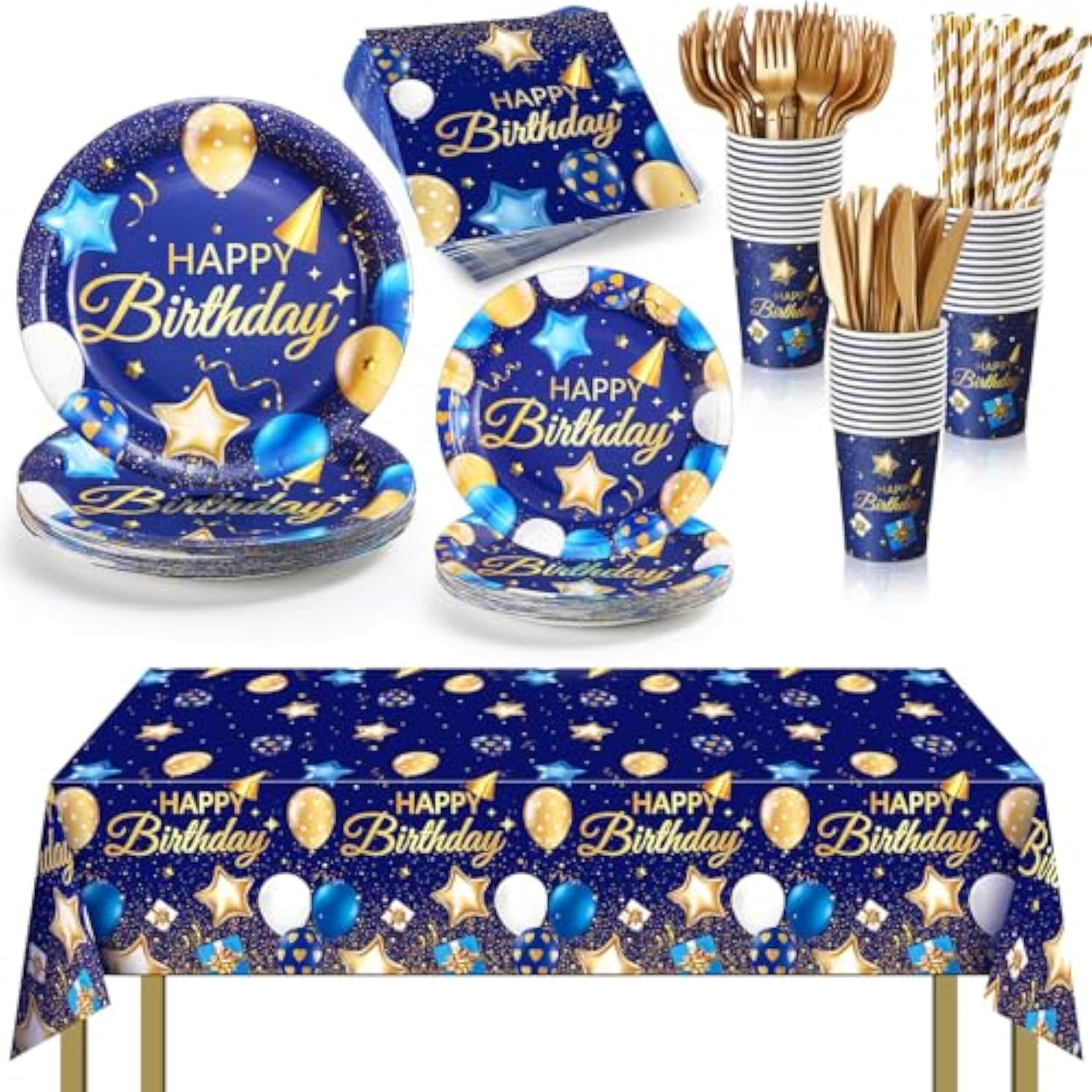 176 Pcs Navy Blue And Gold Birthday Tableware Set Birthday Decoration Includes Tablecloth Paper Plates Napkins Paper Cups Forks Knifes And Straws For 25 Guests Party Supplies (Fashion)