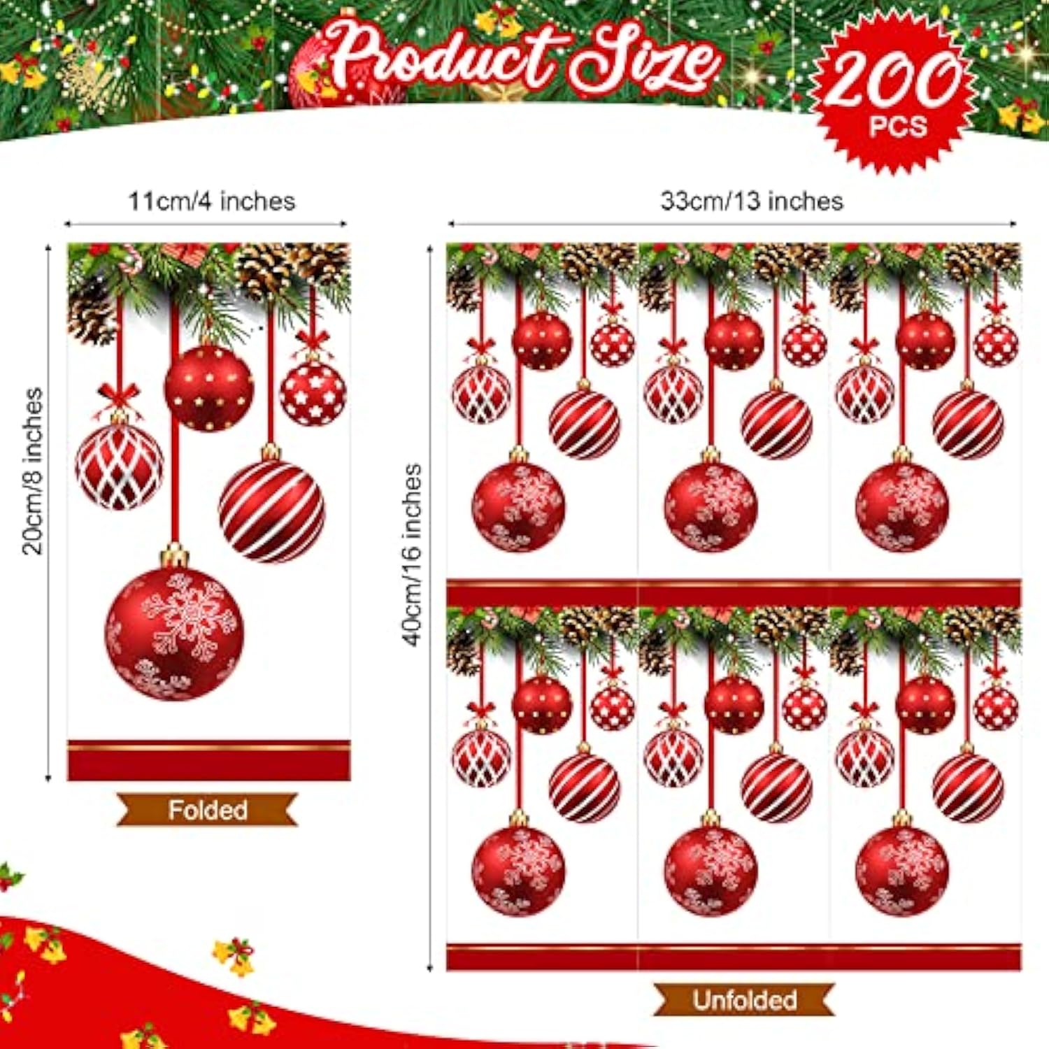 200 Pcs Christmas Napkins Disposable Paper Xmas Disposable Guest Towels Merry Christmas Dinner Napkins Design For Winter Holiday Party Supplies Tableware Decorations (Baubles Style)