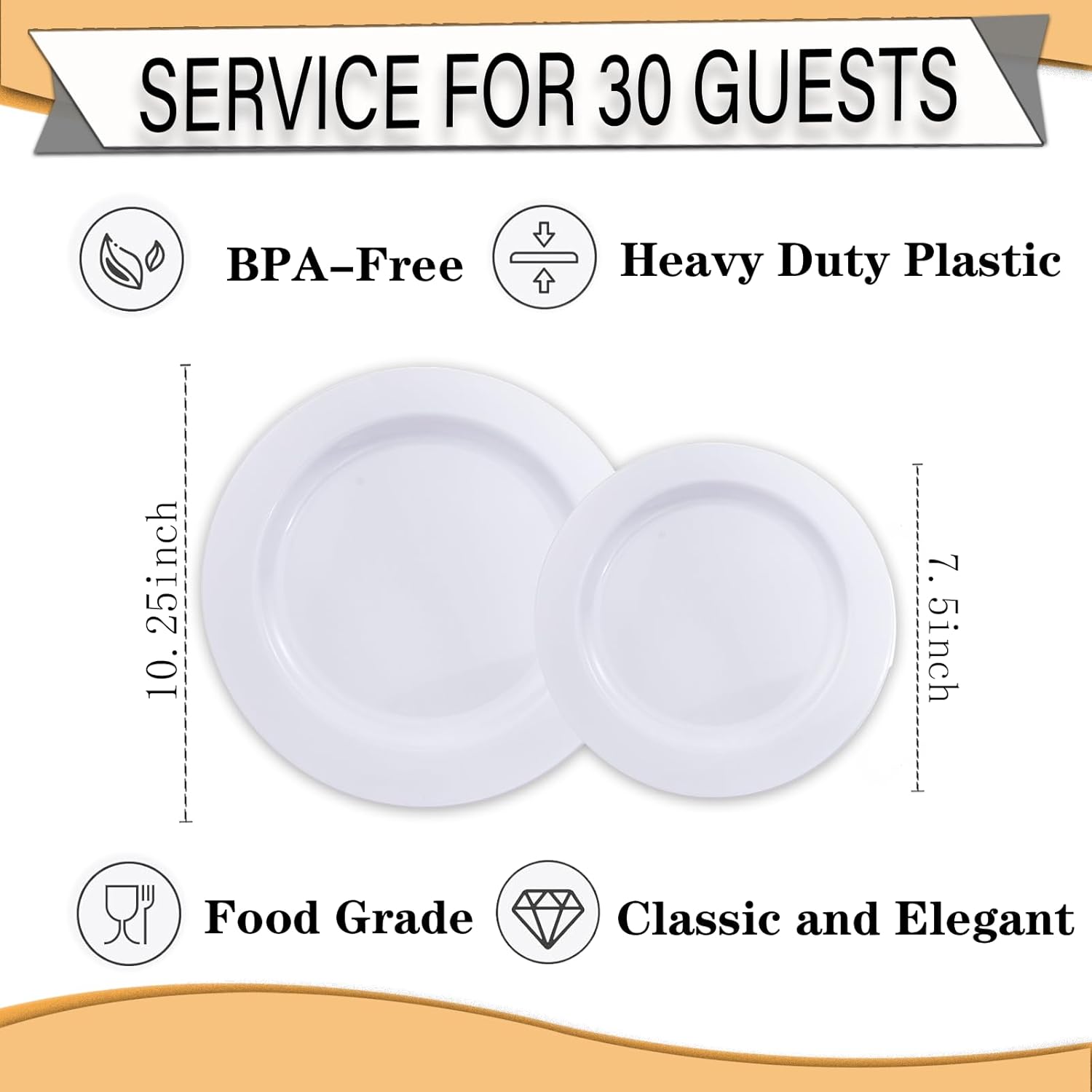 60Pcs White Plastic Plates - Heavy Duty White Disposable Plates For Christmas/Thanksgiving Party/Wedding -Serve For 30 Guests Include 30Pcs 10.25" & 30Pcs 7.5" Plates For Party