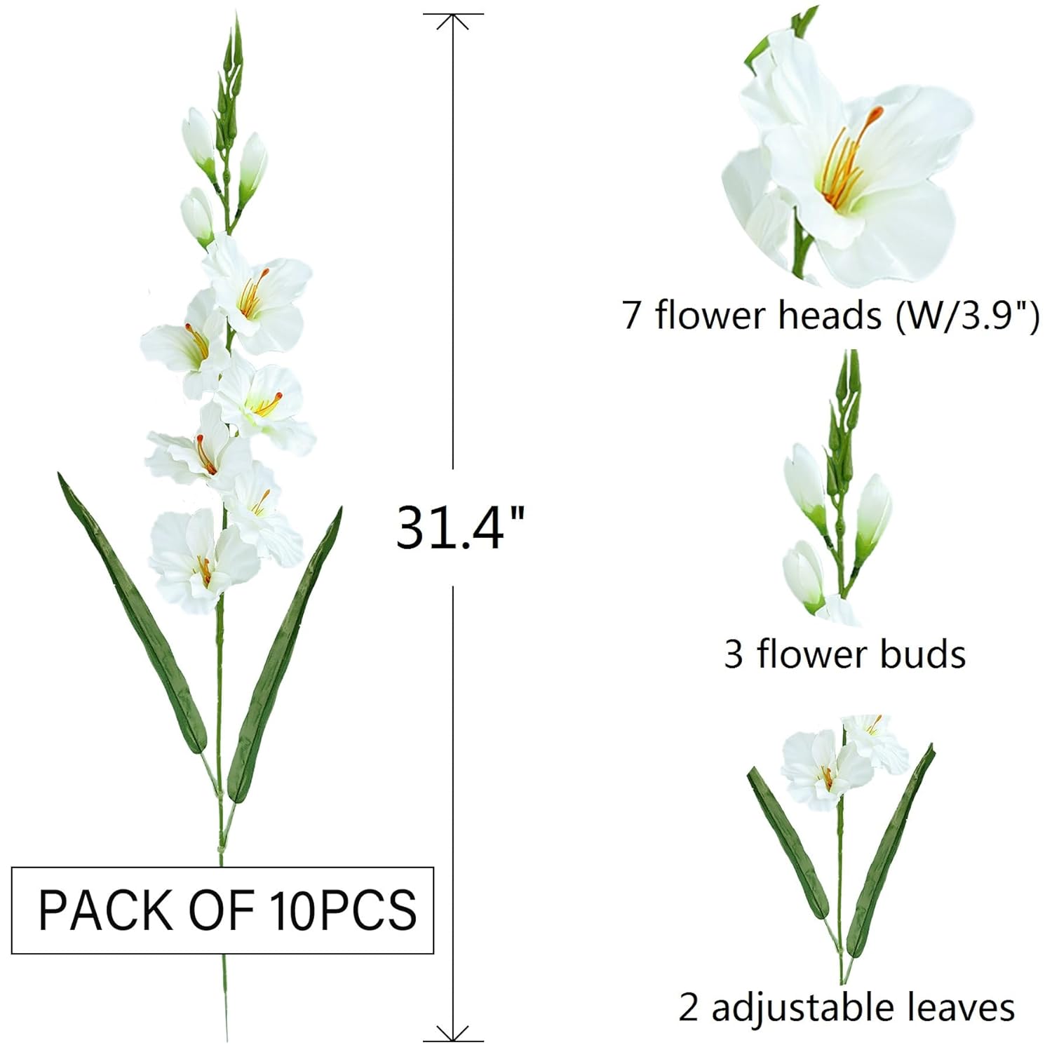 Pack Of 10 - Artificial Gladiolus Silk Orchids Flower Stems Fake Dendrobium Flowers Daffodils For Home Garden Party Wedding Decoration (White)