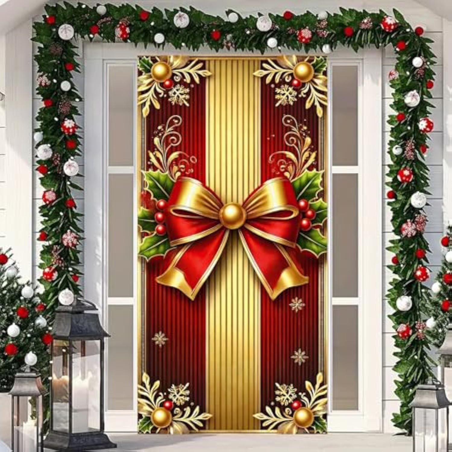 Merry Christmas Door Cover 35X71 Christmas Gift Box Present Hanging Banner Decoration Winter Holiday Bow Window Door Cover Red And Gold Stripes Ornaments New Year Party Home Wall Outdoor ?