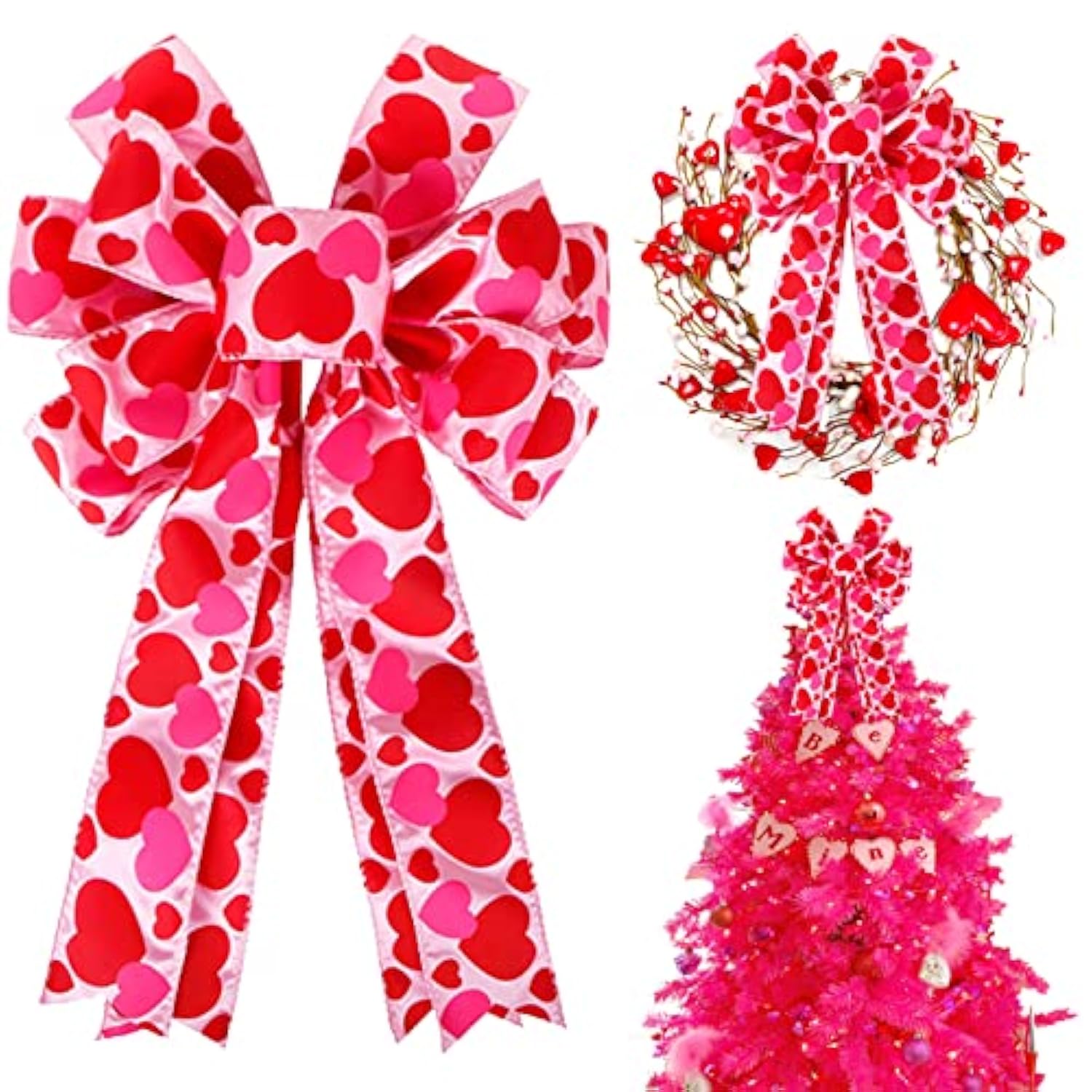 Valentine Tree Topper Bow With Heart Decorations, 11.4”X19.6” Large Red Pink Valentines Wreath Bow Decor For Valentine'S Day Wedding Holiday Party Wall Home Front Door Decorative