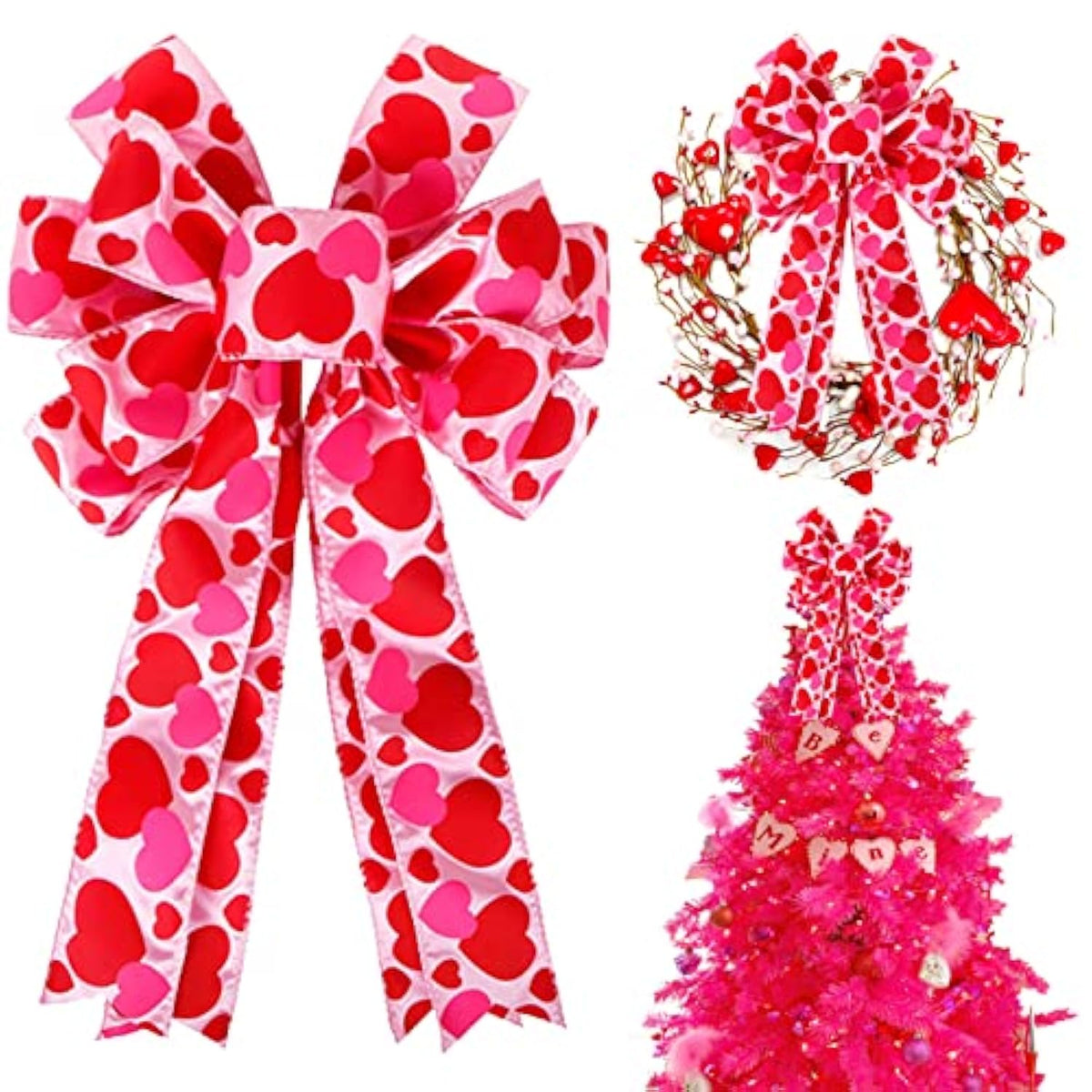 Valentine Tree Topper Bow With Heart Decorations, 11.4”X19.6” Large Red Pink Valentines Wreath Bow Decor For Valentine'S Day Wedding Holiday Party Wall Home Front Door Decorative