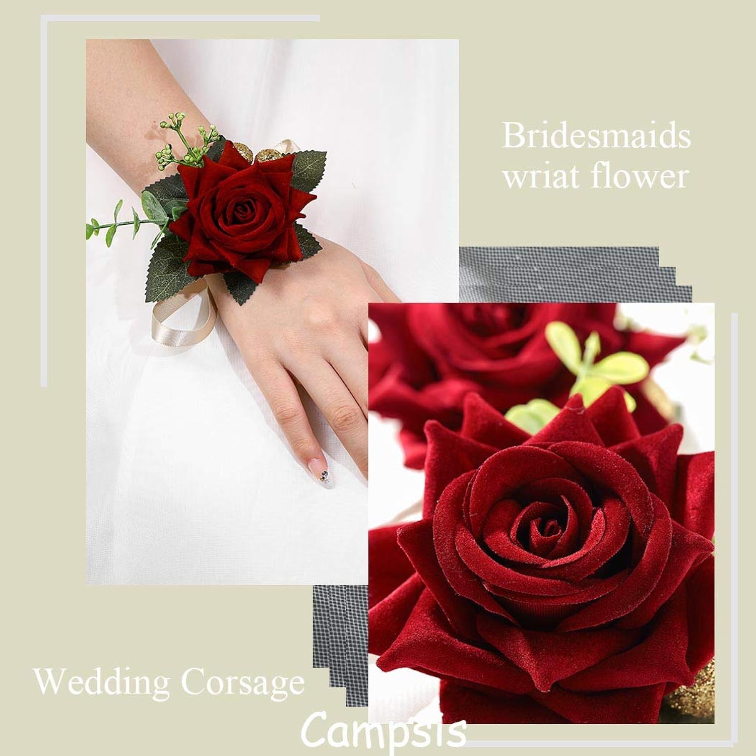 Red Rose Wrist Corsage, Gold-Accented Artificial Flowers With Satin Ribbon, Wedding And Prom Formal Wear
