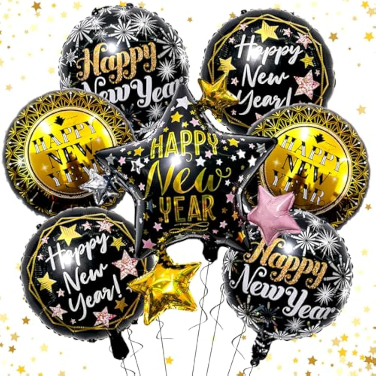 7 Pcs Black & Gold New Year 2026 Balloon Party Kit