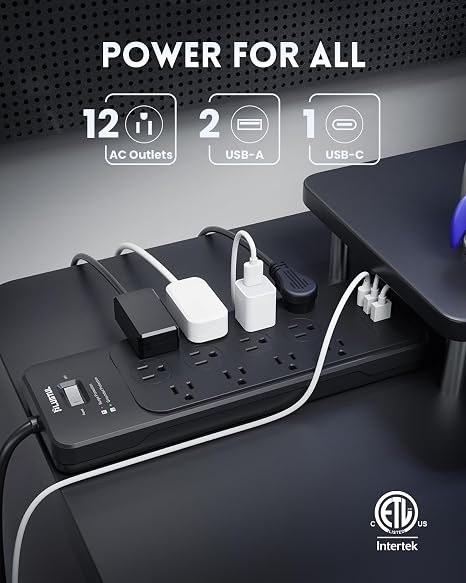 12 Outlet Surge Protector Power Strip 5FT Flat Plug 4080J 20W USB C Charging Black