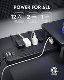 12 Outlet Surge Protector Power Strip 5FT Flat Plug 4080J 20W USB C Charging Black
