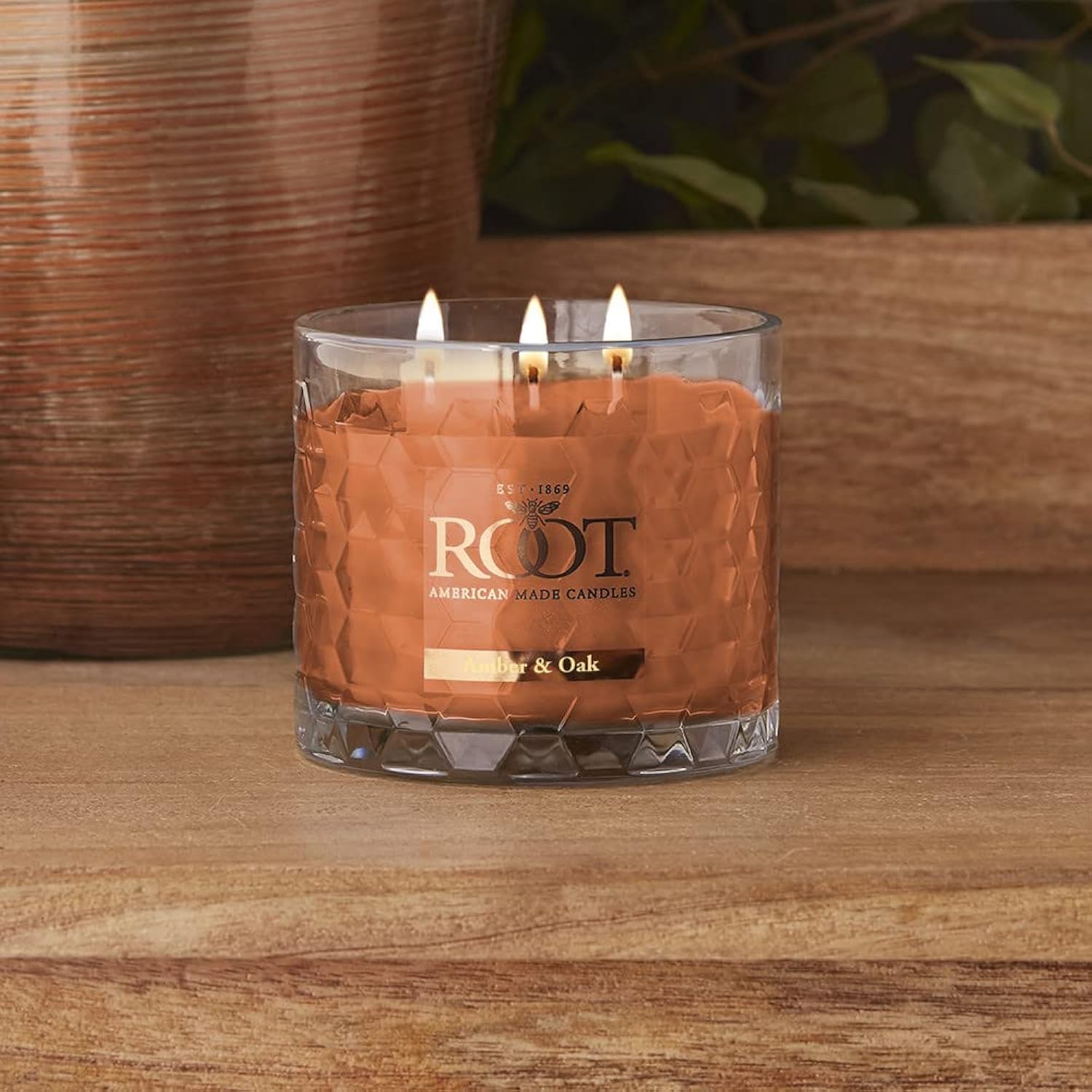 Root Candles Scented Candles Honeycomb Glass Premium Handcrafted Beeswax Blend 3-Wick Candle, 12-Ounce, Amber & Oak