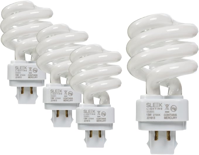 13W T3 Spiral CFL Light Bulb G24Q-1 4-Pin Base 2700K Warm White 800 Lumens 4 Pack