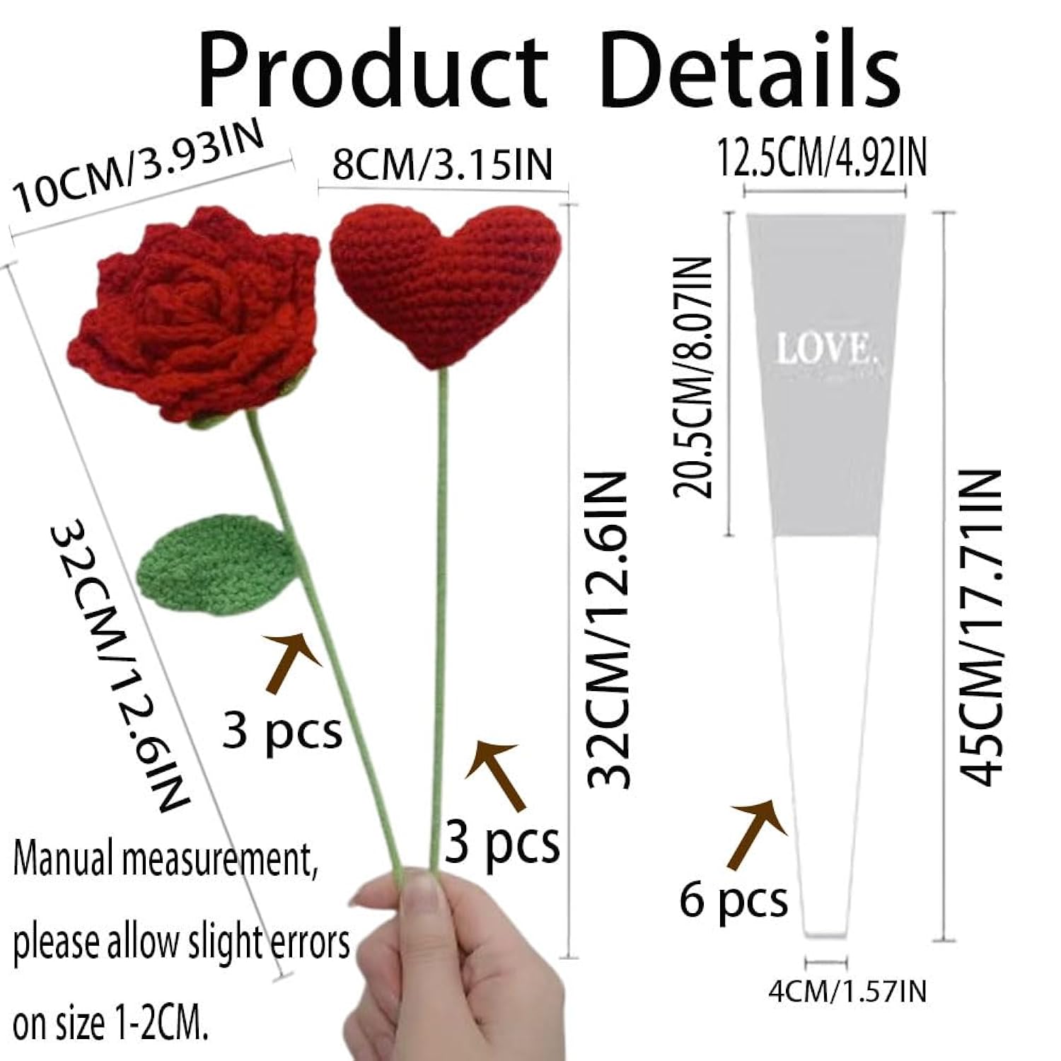 6 Pcs Hand Made Knitted Fake Rose Artificial Flowers For Decoration Crochet Flowers?Flower Bundle Fake Plants Wedding Centerpieces Decorations Mothers Day Mom Gifts For Mom (6, Roses And Love)