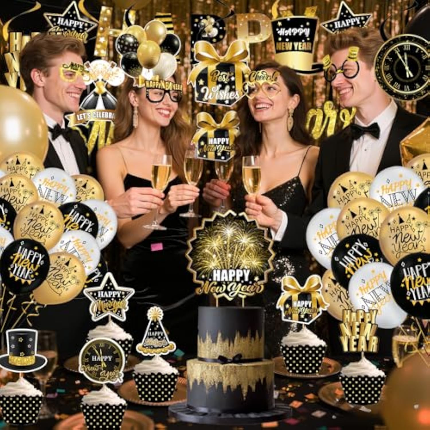 2026 Black Gold New Year Kit with Banner, Cake Toppers, Swirls, and Photo Props