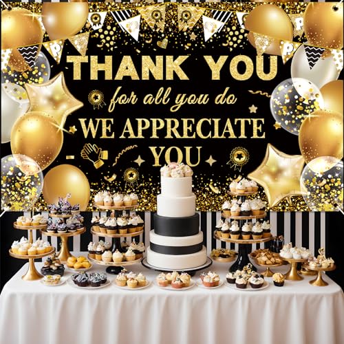 We Appreciate You Thank You Decorations Black & Gold Thank You Banner Backdrop Employee & Staff Appreciation Gifts for Pastor, Teacher, Doctor & Retirement Party Decor