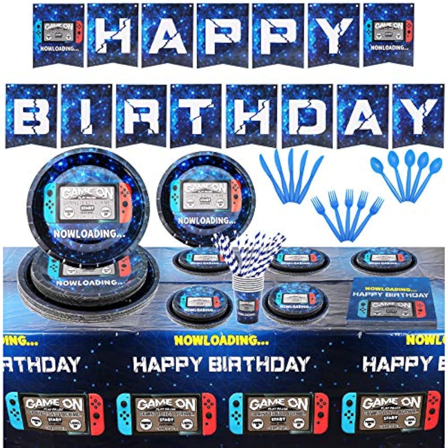 162Ct Video Game Party Suppliestableware Kit - Blue, Serves 20 Guests - Includes Happy Birthday Banner, Plates, Cups, Straws, Napkins, Utensils, Table Cover For Video Game Themed Birthday Parties
