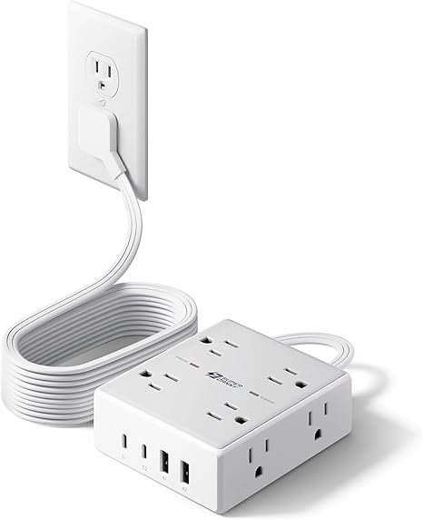 10FT Surge Protector Power Strip with 8 Outlets 4 USB Ports 2 USB C Flat Plug Extension Cord