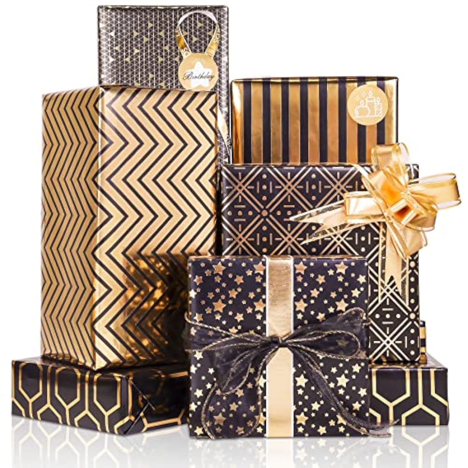 6pcs Black Gold Foil Gift Wrap Set with Bows & Stickers, 27.5x19.6in