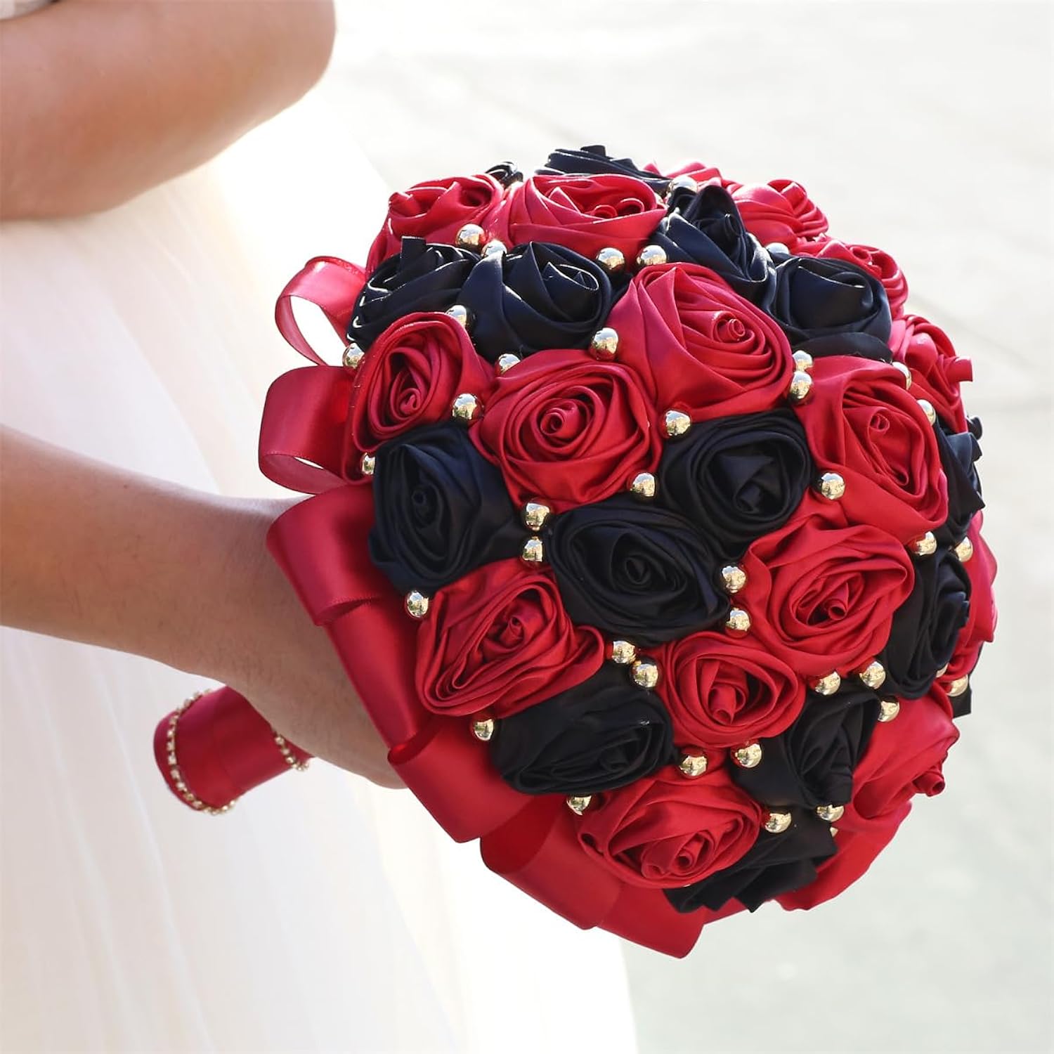 7.5" Ruby Red & Black Bridal Wedding Bouquet Round Holding Bouquet Throw Toss Artificial Rose Flower Bunch For Bride Bridesmaid Wedding Quinceanera
