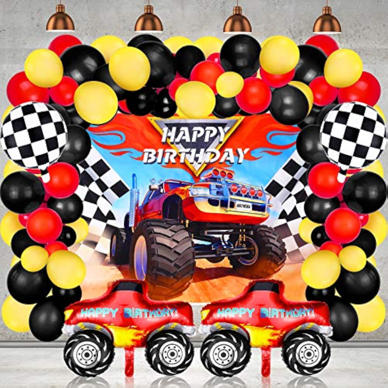 75 Pcs Truck Party Supplies Truck Birthday Decorations Include Truck Backdrop Truck Balloons Mosaic Race Foil Balloon Multicolor Balloons
