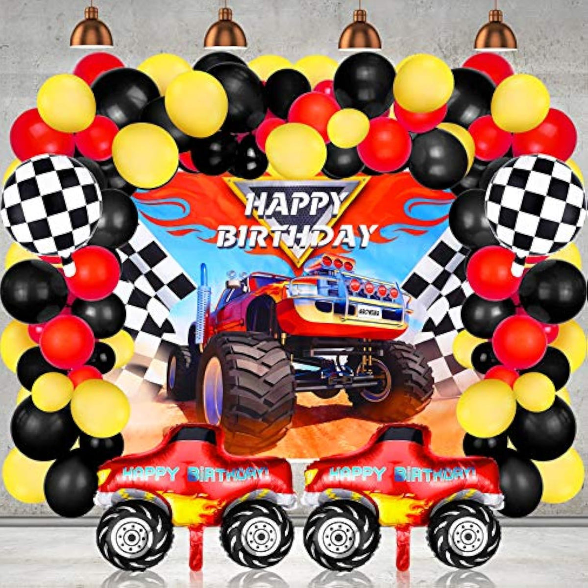 75 Pcs Truck Party Supplies Truck Birthday Decorations Include Truck Backdrop Truck Balloons Mosaic Race Foil Balloon Multicolor Balloons