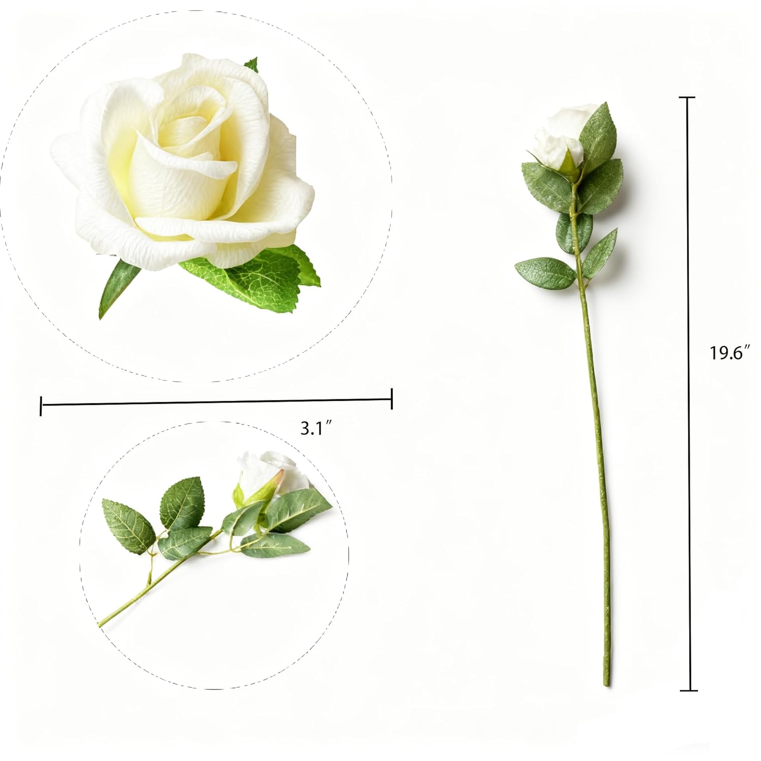 12Pcs 20’’Artificial Flowers Fake Roses, Long Stem Red Roses Bouquet For Decorating Parties Home Decor Party Valentines And Weddings (12Pcs White)