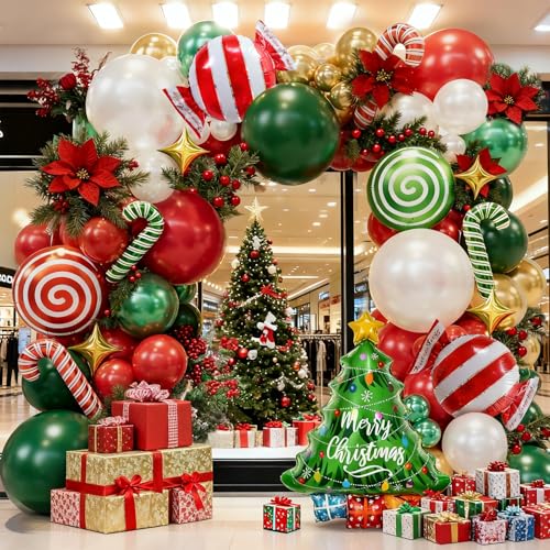 161pcs Christmas Balloon Garland Arch Kit with Red Green Pearl White Gold Metallic Green Balloons Candy Cane Xmas Tree Balloons Gold Star Balloon for Xmas Party Decorations