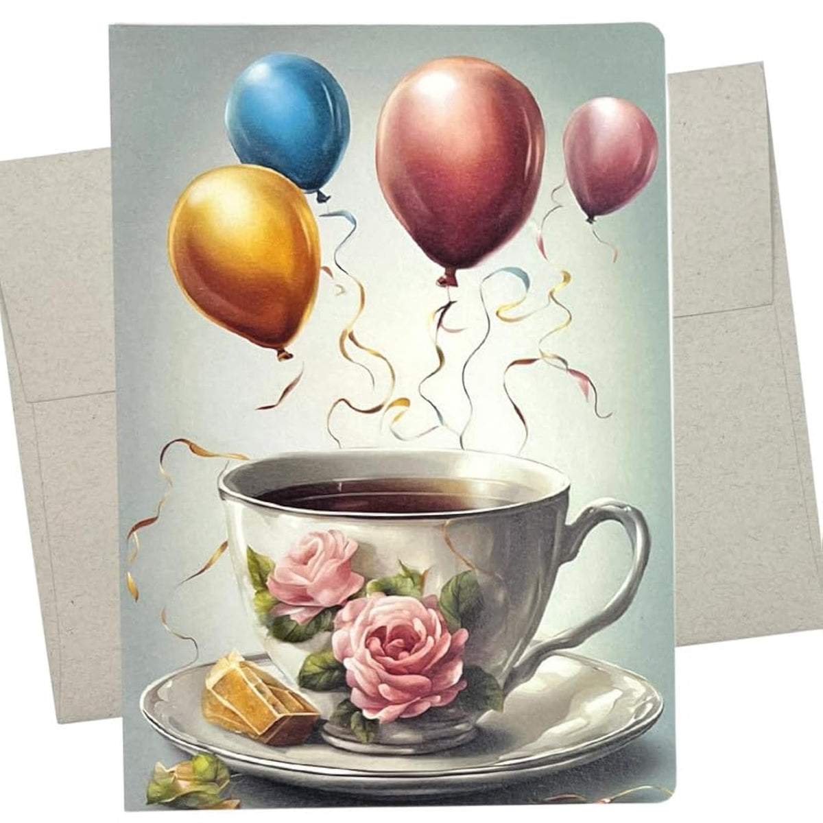 Tea Birthday Card (1 Premium Card, 5X7 Inch) Balloons Over A Floral Teacup Blank For All Occasions Like Mom Birthday, Mother'S Day, Teacher Appreciation - 1084