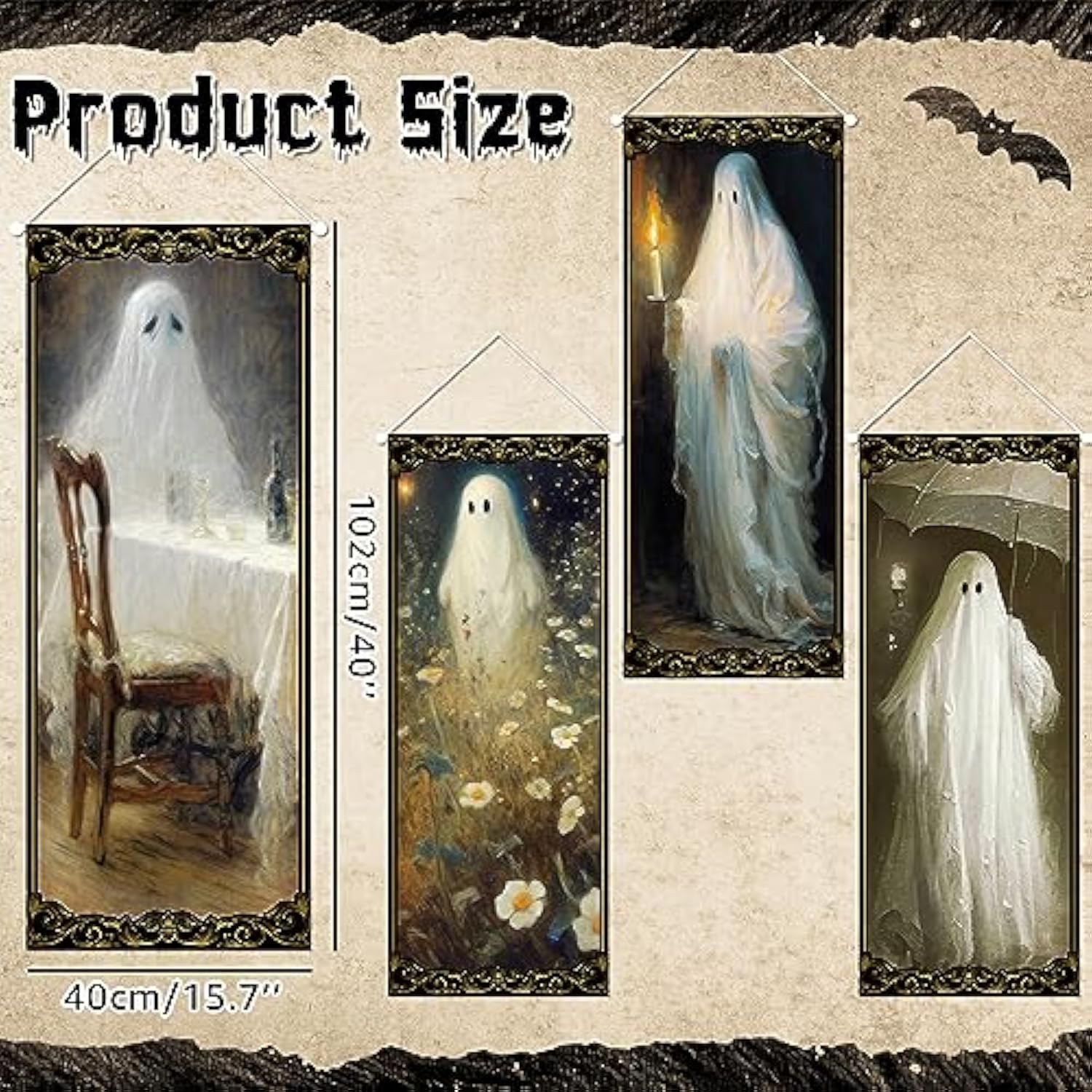 4 Pcs Vintage Halloween Hanging Banners, Ghost Candle Photo Backdrop Indoor Outdoor