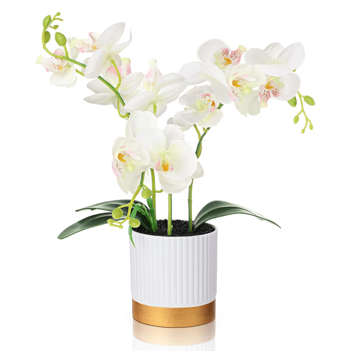Orchid Artificial Flowers In Pot 15 Inches Artificial Orchid Flowers Phalaenopsis Potting For Home Office Wedding Bathroom Centerpiece Decor(White)
