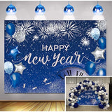 7x5ft Happy New Year 2026 Backdrop Blue Glitter Fireworks Party Banner