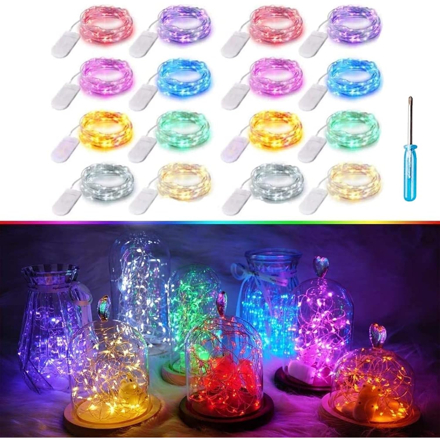 8 Colors Led Fairy String Lights Battery Operated 16 Pack 20 Led 6.6 Ft Silver Copper Wire Firefly Starry Moon Lights Wa