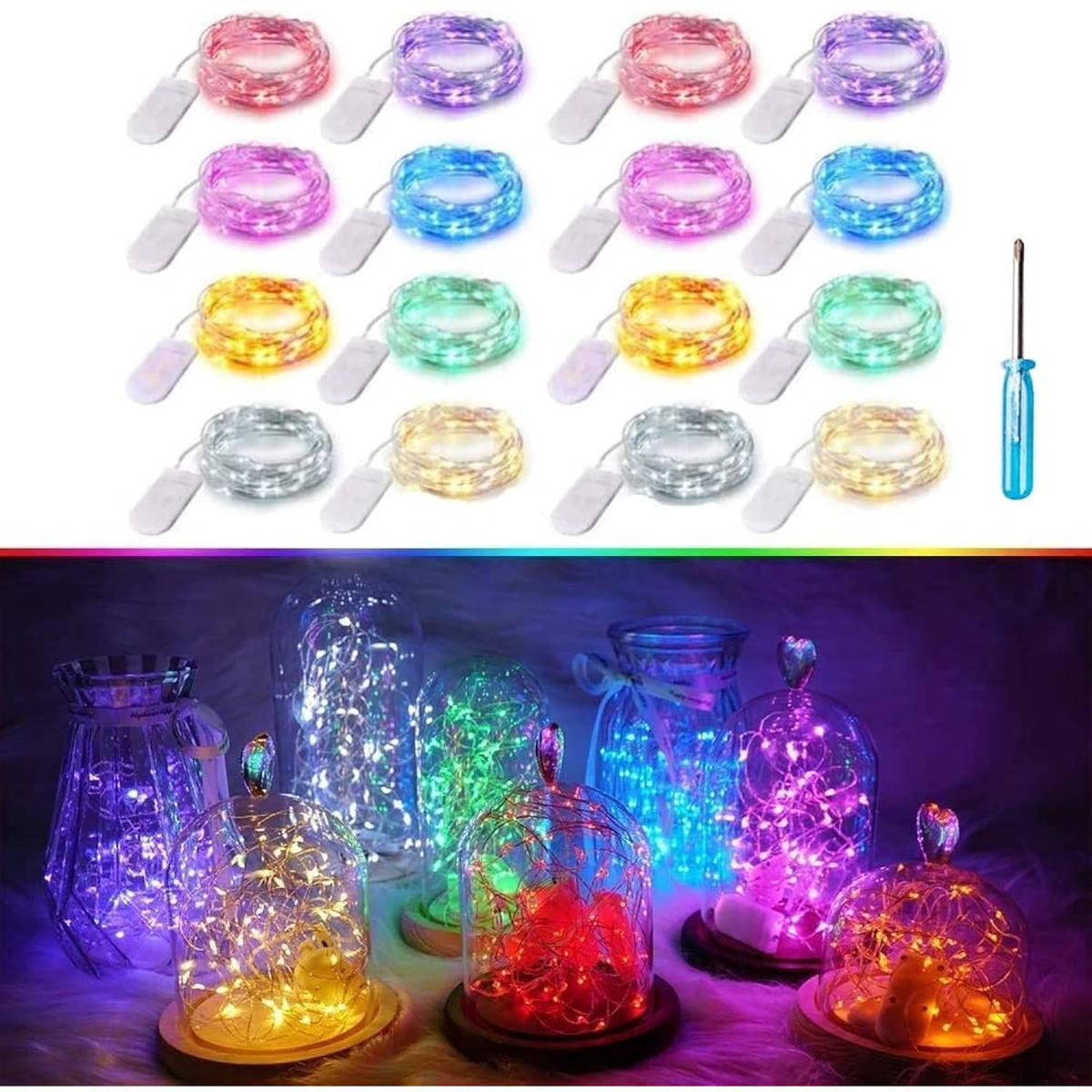 8 Colors Led Fairy String Lights Battery Operated 16 Pack 20 Led 6.6 Ft Silver Copper Wire Firefly Starry Moon Lights Wa