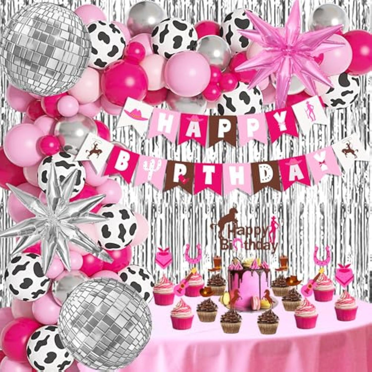 108Pcs Cowgirl Party Decor Set – Pink Western Balloons, Banners, Toppers & Backdrop