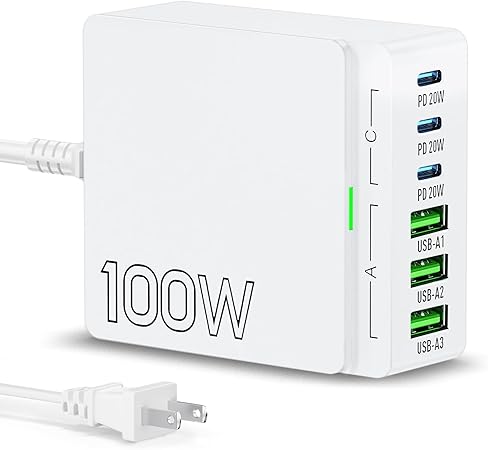 100W 6-Port USB C Charger Block, PD 3.0 & USB A Charging Hub for iPhone, iPad