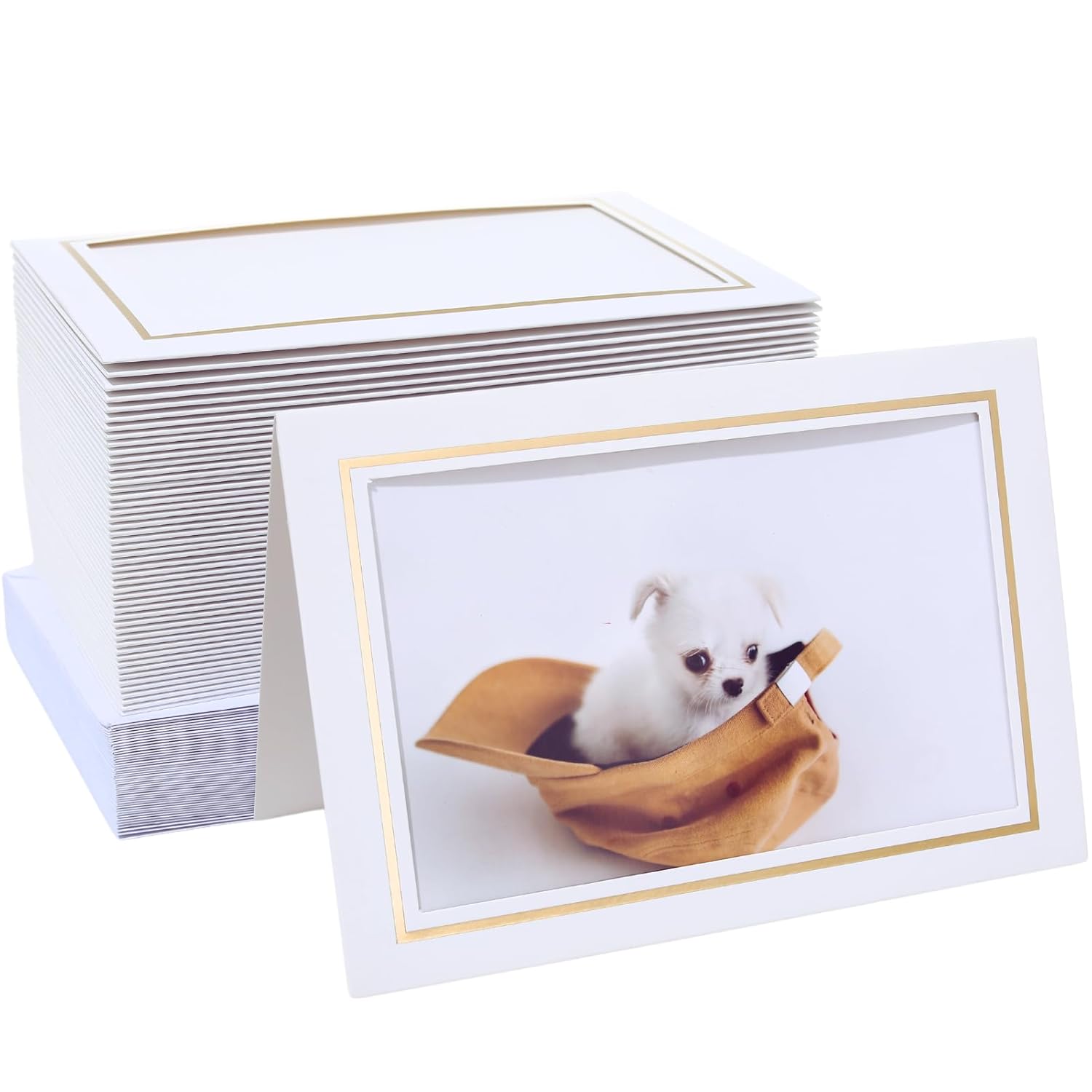 100 Count Photo Frame Cards With Envelopes 4X6 Paper Picture Frame Notecards Photo Card Holder For Christmas Decoration New Year Greeting Birthday Classroom Diy Craft - White With Gold Lining