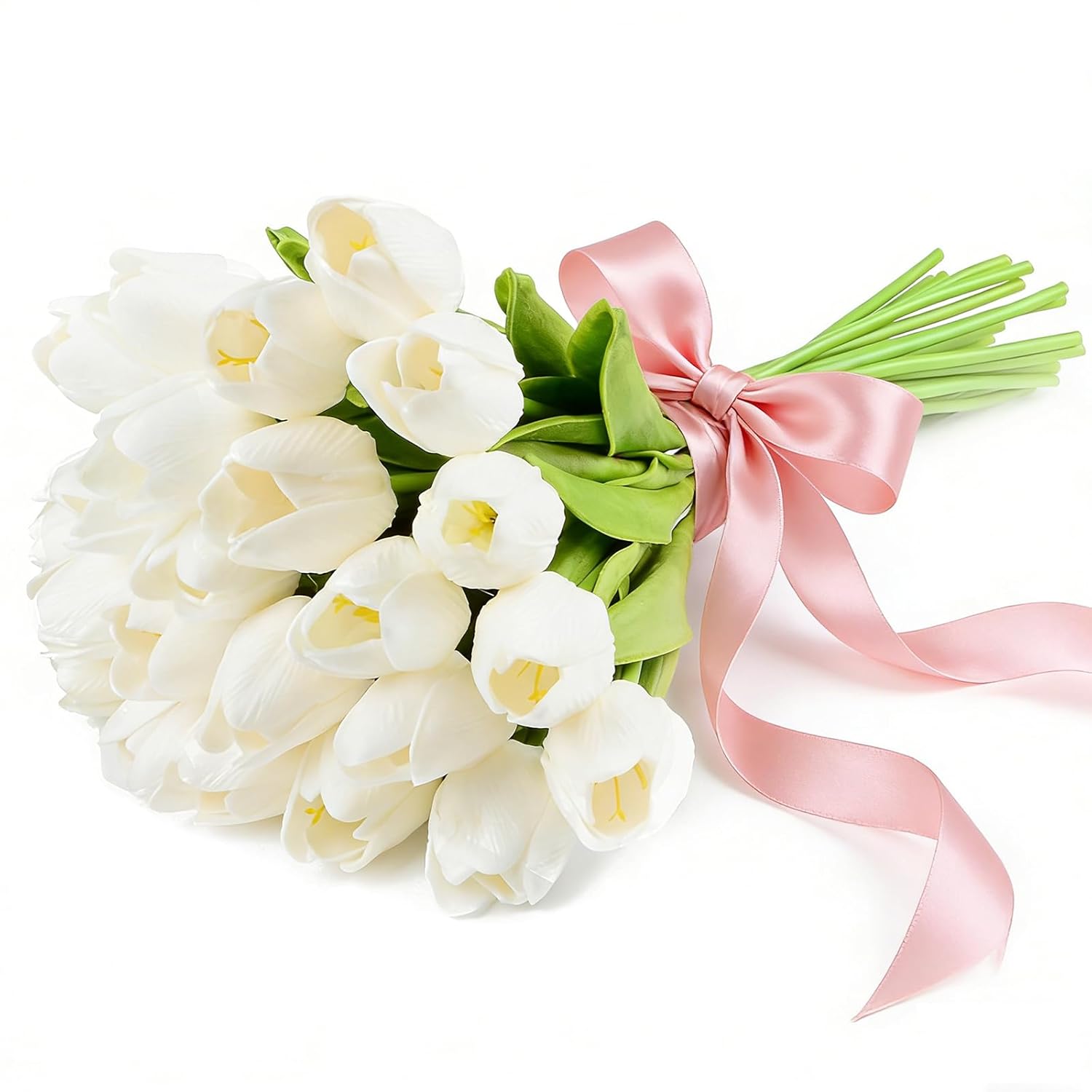 Artificial Tulips Bridal Wedding Festival Decor Bouquet Real Touch Pu Flower Bouquet Pack Of 20 (White)