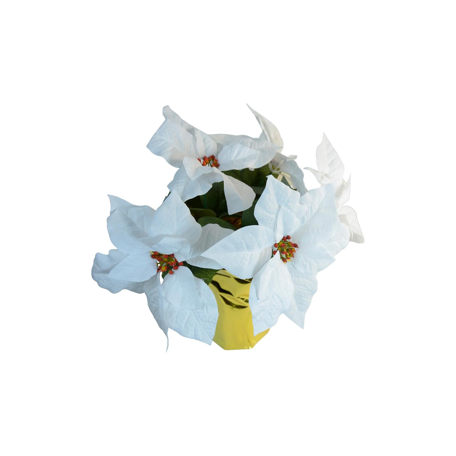 Artificial White Poinsettia Plant In Gold Foil Base, 15 Inch Height, 5 Blooms, Christmas Decoration