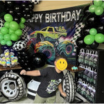 145Pcs Monster Truck Theme Purple And Green Black Balloon Garland Arch Kit With Big Wheels Checkered Foil Balloons For Kids Truck Race Car Birthday Party Decorations Monster Truck Party Supplies