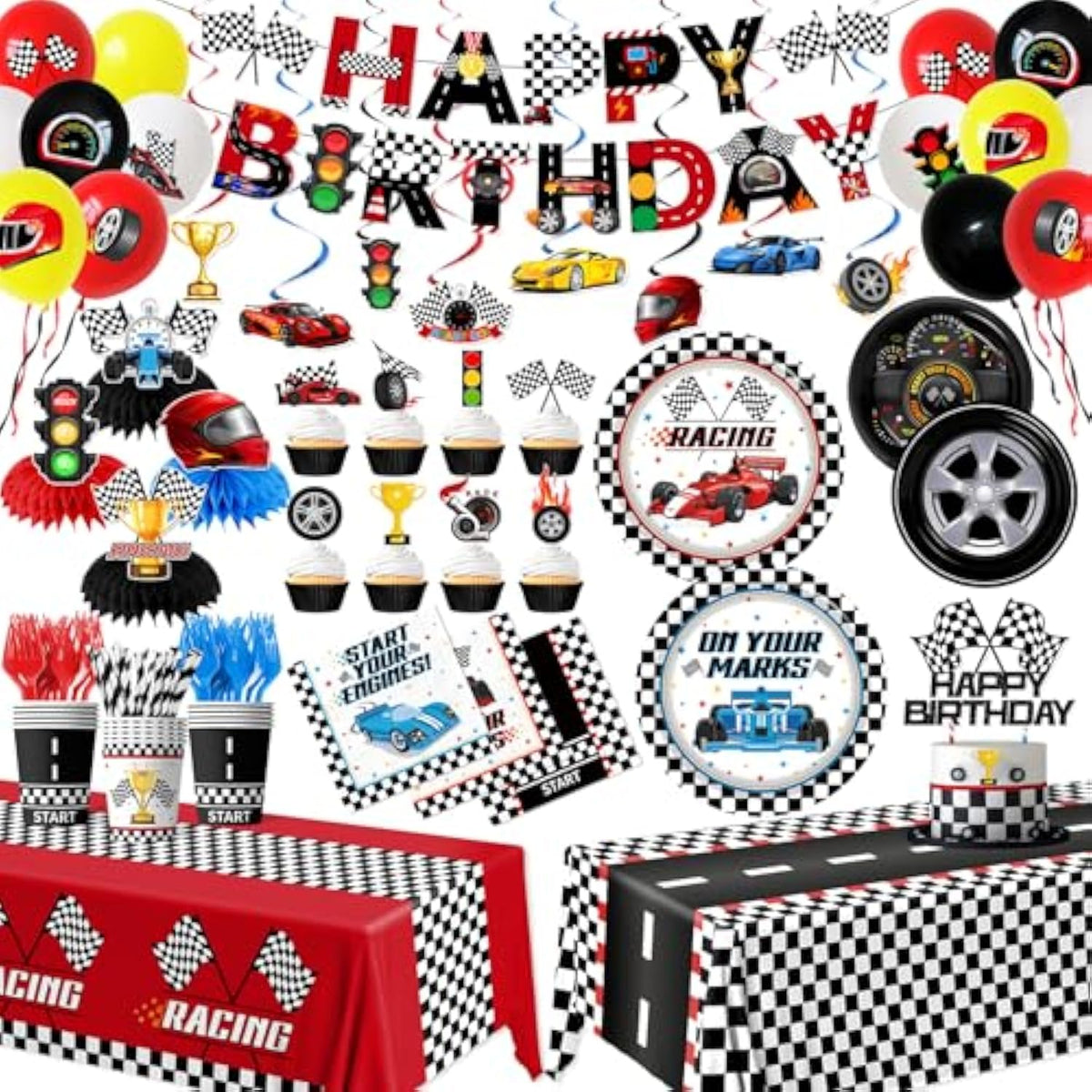 Race Car Birthday Party Decorations, All-In-1 Cars Birthday Decorations With Balloons Checkered Plates Napkins Cake Toppers Honeycombs Tablecloths And Banner Racing Decorations For Race Day, Serve 24