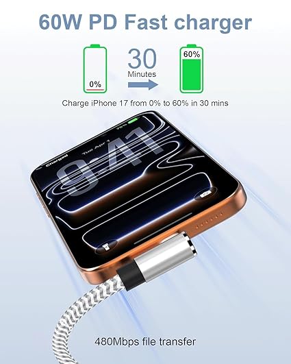 2 Pack 10FT 60W USB C Cable Right Angle Nylon Braided Fast Charging Cord