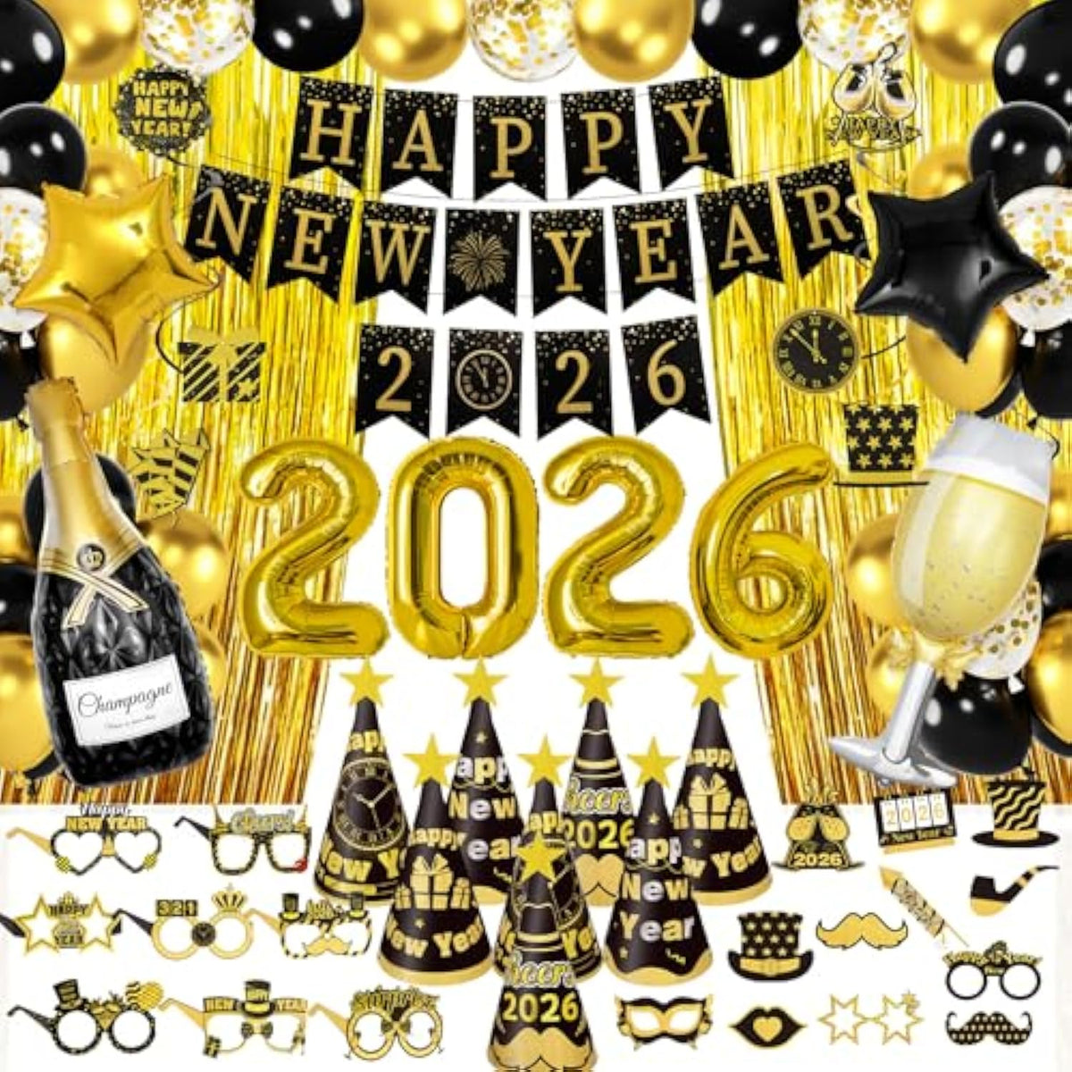 2026 New Year Party Supplies Banner Hats Glasses Balloons Photo Props