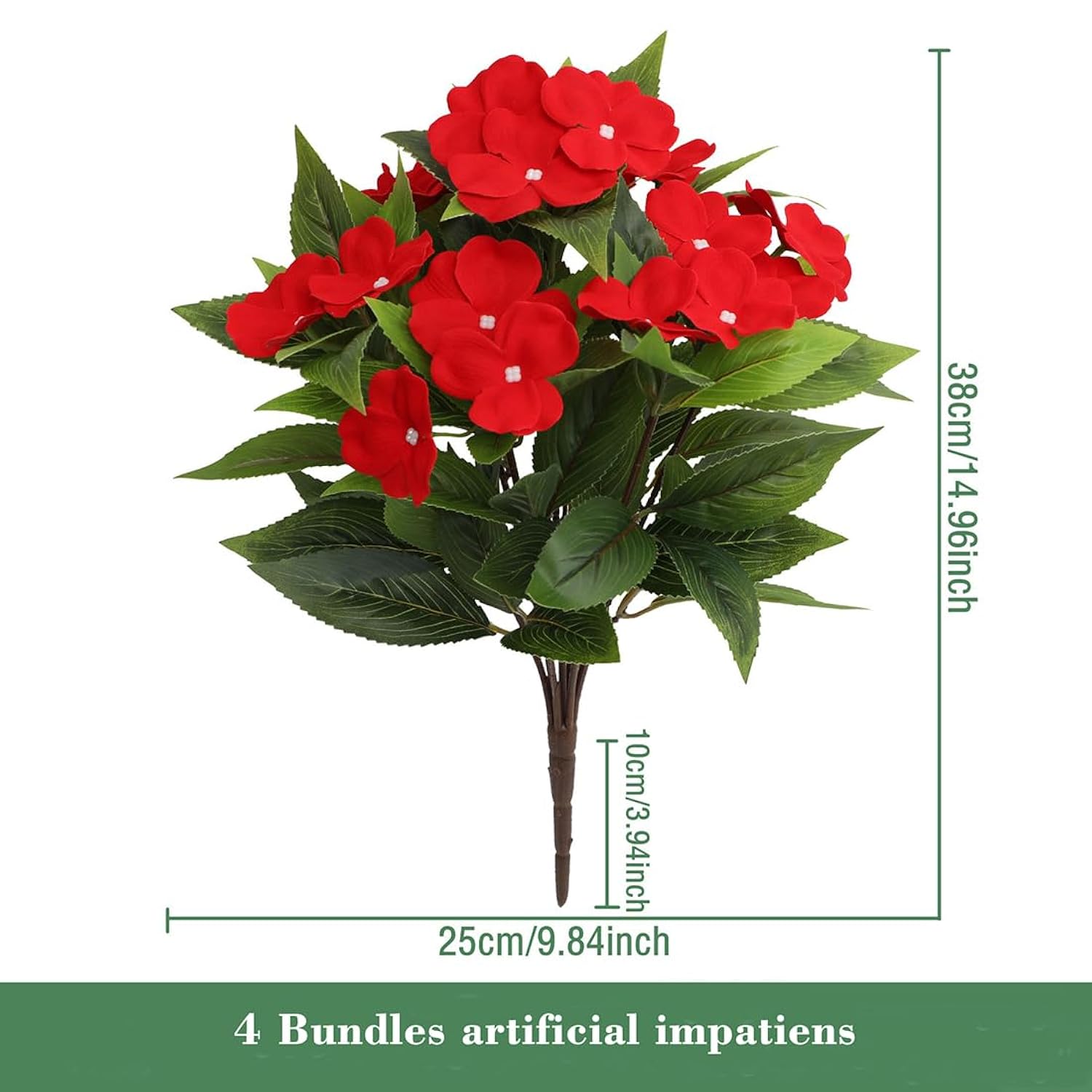 Artificial Red Impatiens Flowers For Outdoors, Uv Resistant Faux Bushes, 15.74 Inches, 4 Bundles, Spring Summer Patio Garden Decor