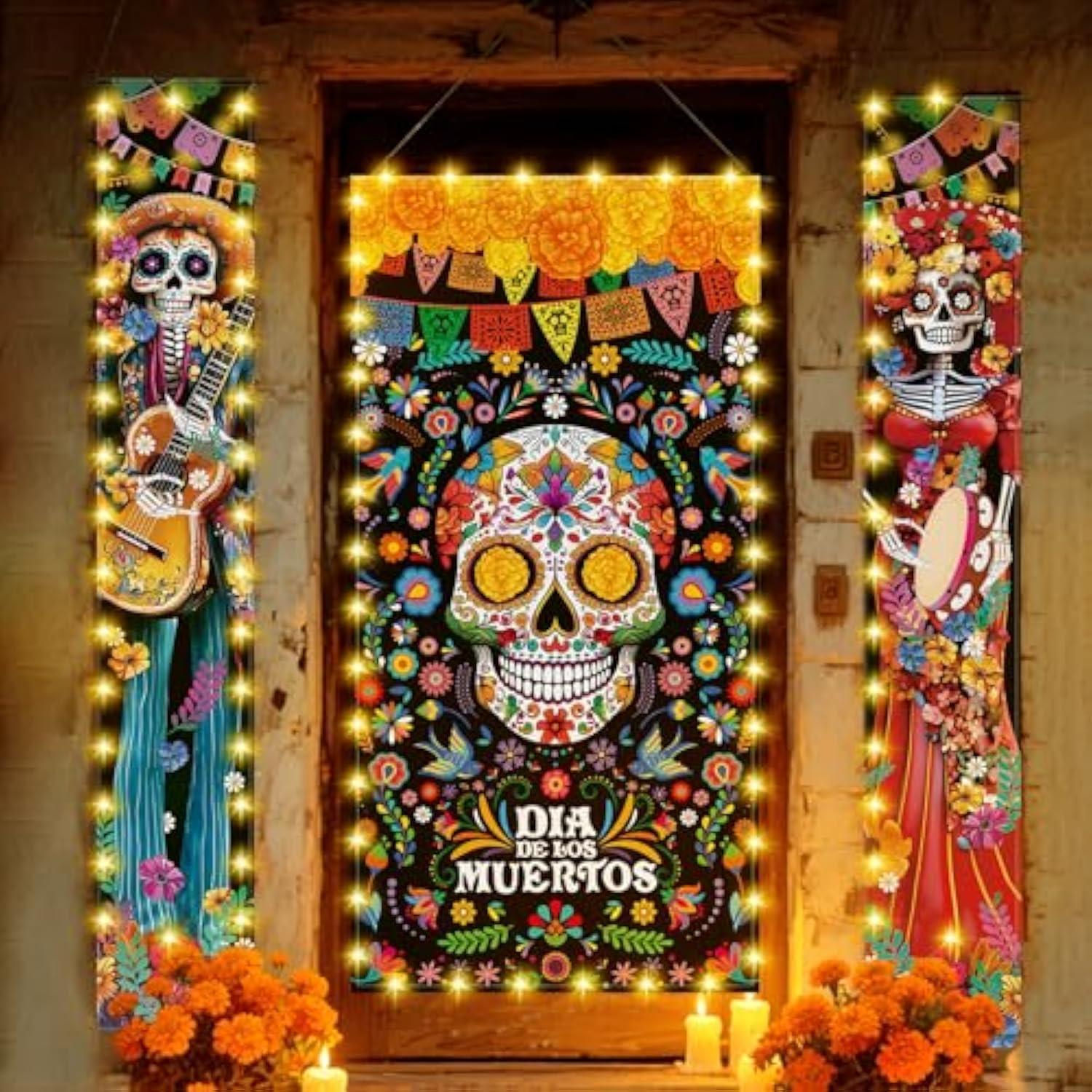 3 Pcs Day Of The Dead Decorations Dia De Los Muertos Door Cover With Led Lights Mexican Dia De Los Muertos Altar Party Porch Sign Halloween Sugar Skull Door Banner Backdrop For Fiesta Party