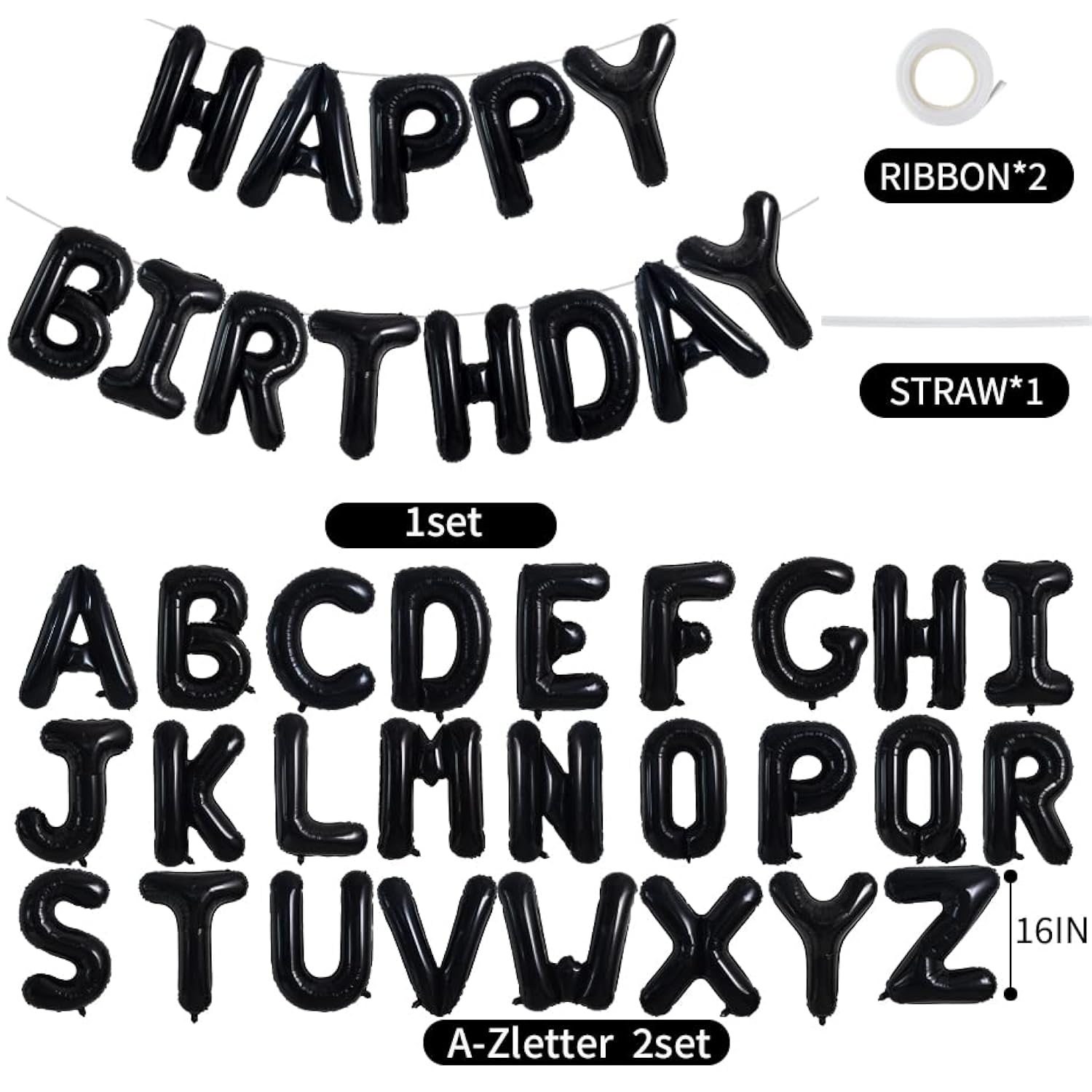 65 Pcs 16 Inch Black Happy Birthday Balloons And 2 Sets A-Z Foil Letters Balloons Diy Personalized Phrase Banner For Birthday Celebration Halloween Thanksgiving Christmas Party Decorations