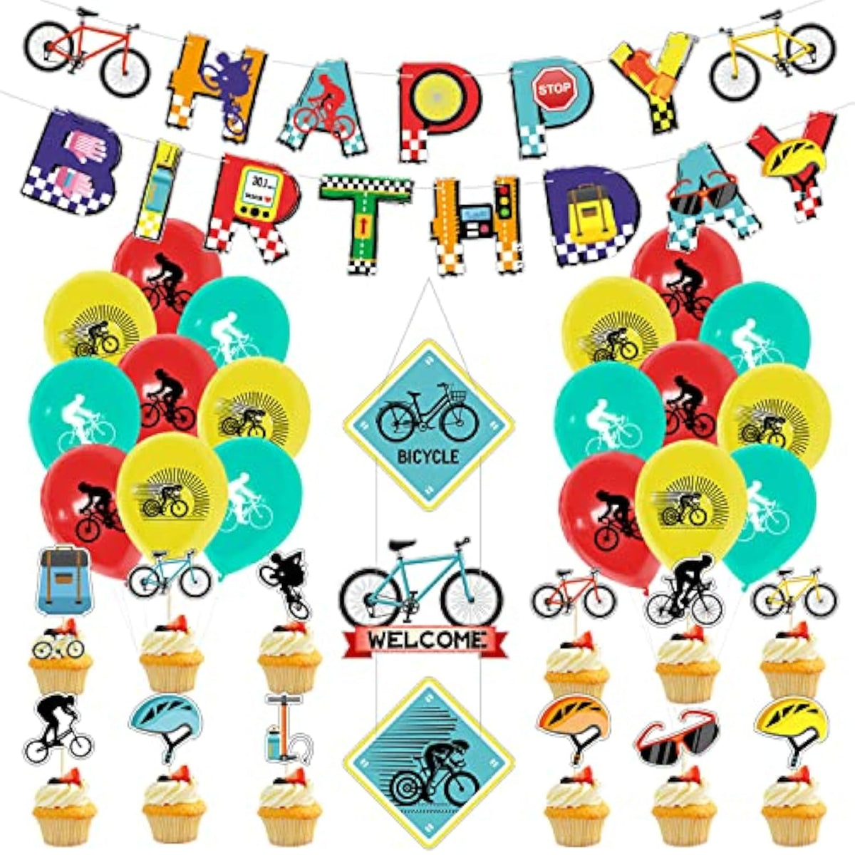 Bike Birthday Party Decorations Banner Cake Toppers Balloons for Kids