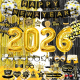 71 Pc 2026 New Year Party Kit with Balloons Banner and Black Gold Decor